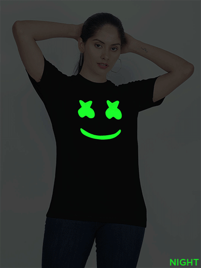 Black Cotton Marshmello Glow in Dark Women T-shirt