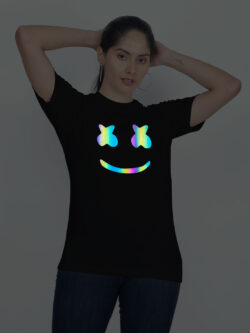 Black Cotton Marshmello Rainbow Women T-shirt