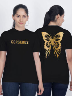 Black Cotton Gorgeous Butterfly Gold Printed Printed Women T-shirt