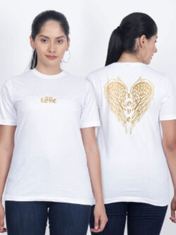 White Cotton Love Wings Gold Printed Printed Women T-shirt