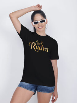 Black Cotton Rudra Name Gold Printed Printed Women T-shirt