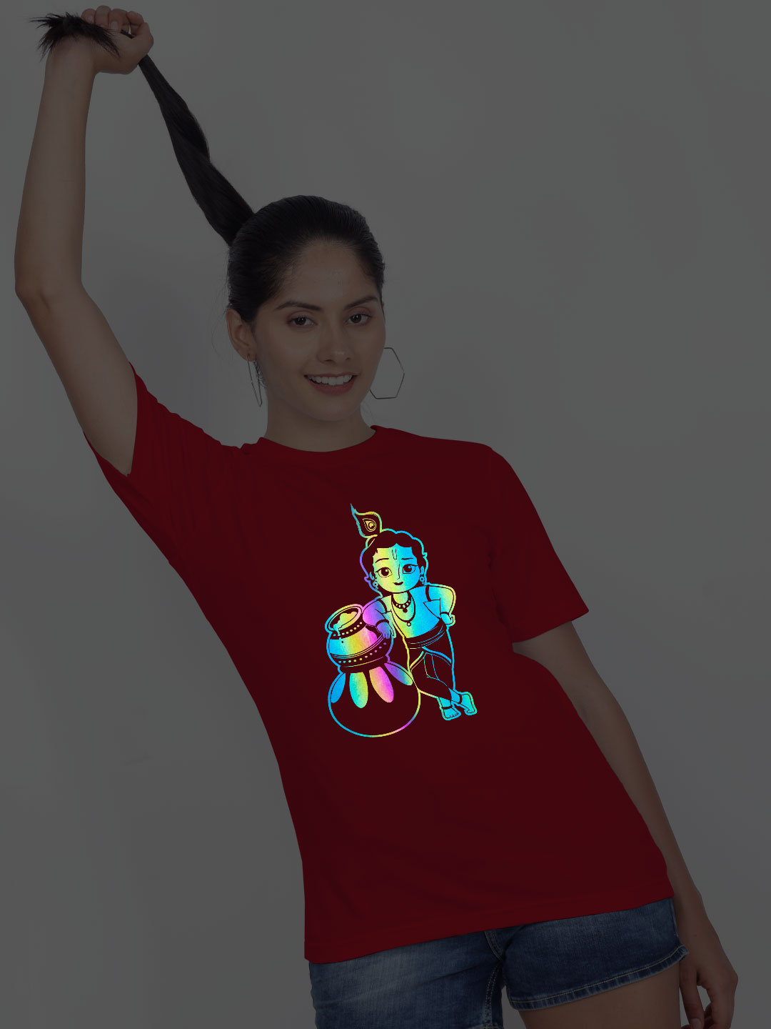 Red Cotton Krishna Rainbow Women T-shirt