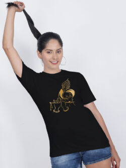 Black Cotton Flute Krishna Gold Printed Printed Women T-shirt