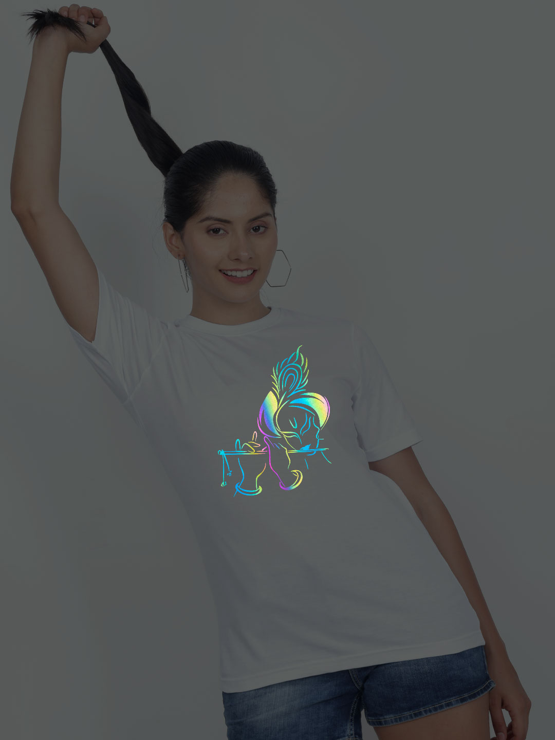 White Cotton Flute Krishna Rainbow Women T-shirt