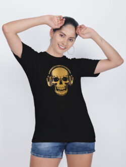 Black Cotton Music Lover Skull Gold Printed Printed Women T-shirt