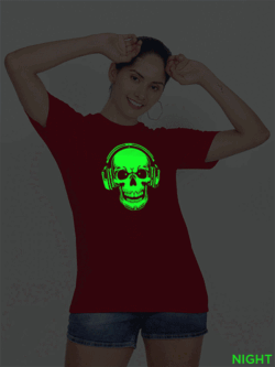 Red Cotton Music Lover Skull Glow in Dark Women T-shirt
