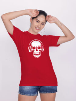 Red Cotton Music Lover Skull Women T-shirt