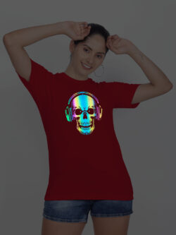 Red Cotton Music Lover Skull Rainbow Women T-shirt