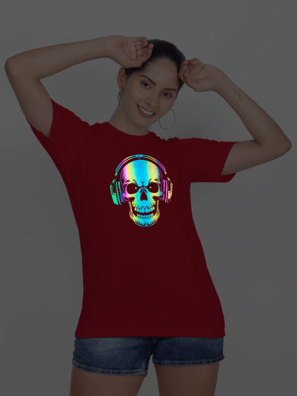 Red Cotton Music Lover Skull Rainbow Women T-shirt