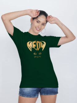 Bgreen Cotton Meow Cat Eye Gold Printed Printed Women T-shirt
