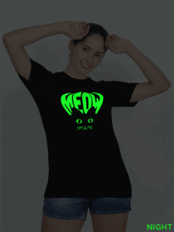 Black Cotton Meow Cat Eye Glow in Dark Women T-shirt