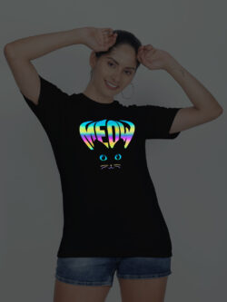 Black Cotton Meow Cat Eye Rainbow Women T-shirt