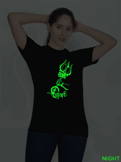 Black Cotton Shiva Trishul Glow in Dark Women T-shirt