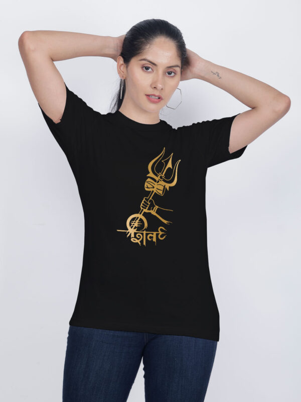 Black Cotton Shiva Trishul Gold Printed Printed Women T-shirt