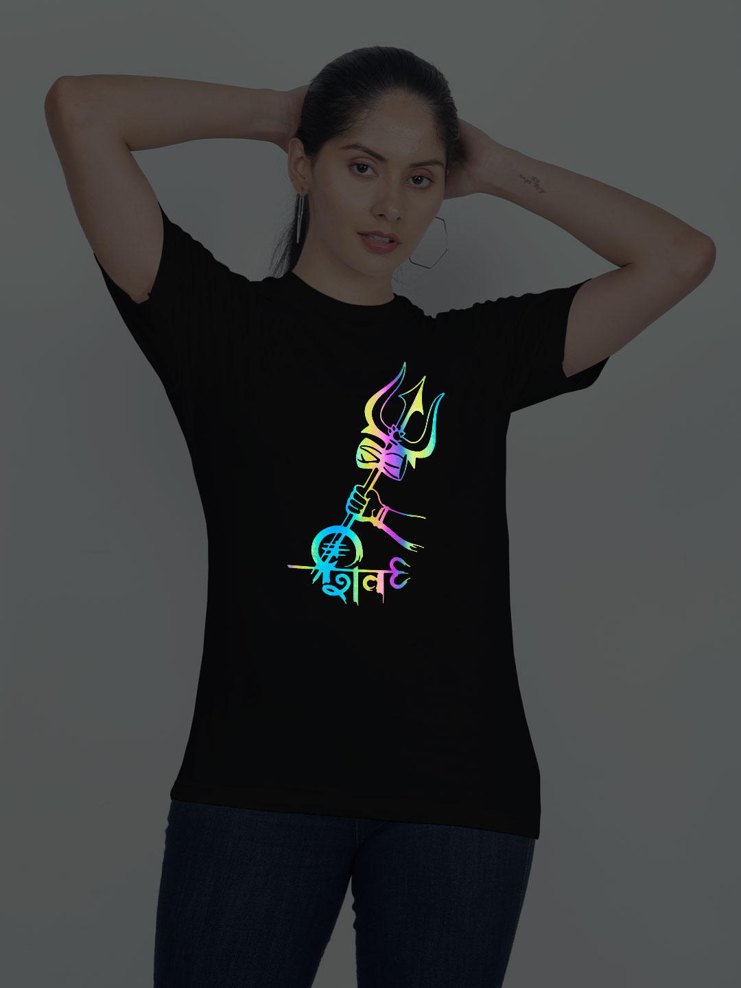 Black Cotton Shiva Trishul Rainbow Women T-shirt