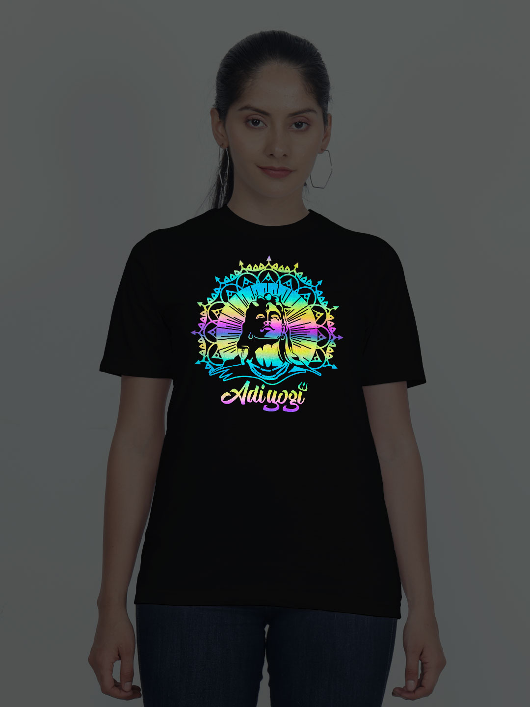 Black Cotton Adiyogi Rainbow Women T-shirt