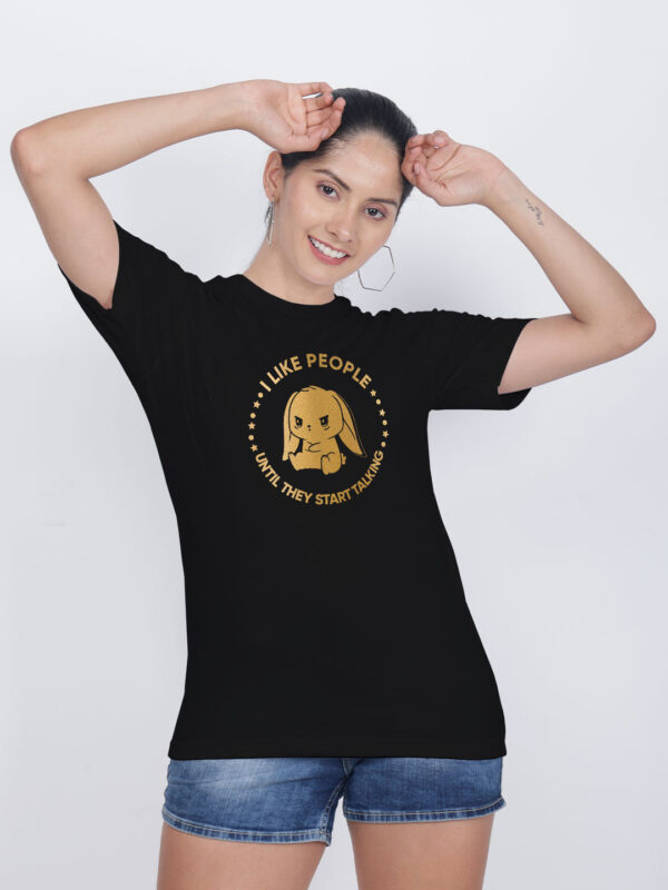 Black Cotton Cute Rabbit Like People Gold Printed Printed Women T-shirt