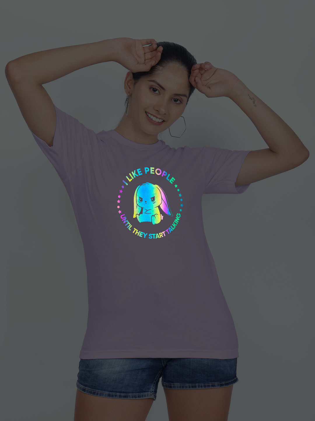 Lavender Cotton Cute Rabbit Like People Rainbow Women T-shirt