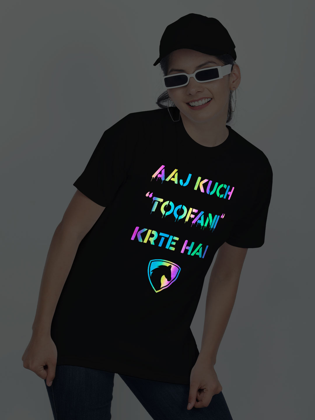 Black Cotton Aaj Kuch Toofani Karte Hai Rainbow Women T-shirt