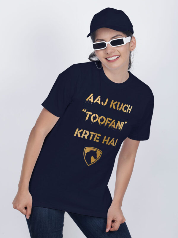 Nblue Cotton Aaj Kuch Toofani Karte Hai Gold Printed Printed Women T-shirt