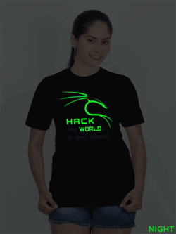 Black Cotton Hack the World Hacker Glow in Dark Women T-shirt
