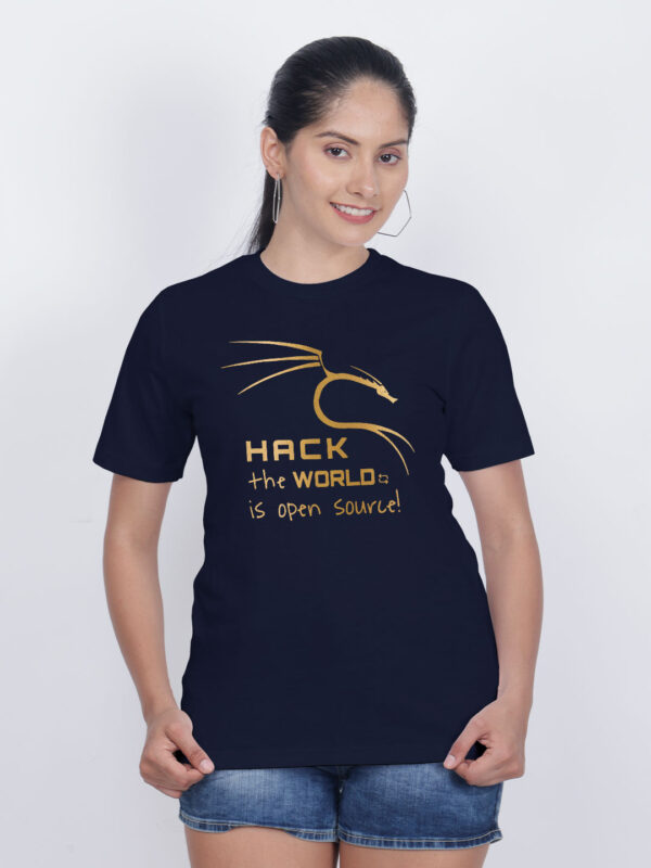 Nblue Cotton Hack the World Hacker Gold Printed Printed Women T-shirt