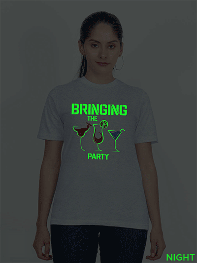 Grey Cotton Bringing the Party Glow in Dark Women T-shirt