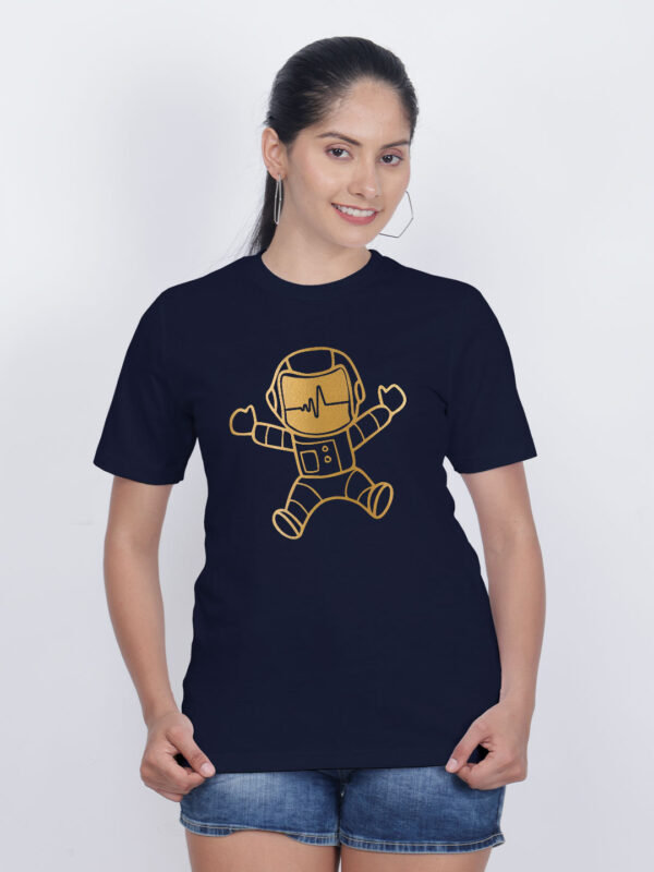 Nblue Cotton Astronaut Gold Printed Printed Women T-shirt