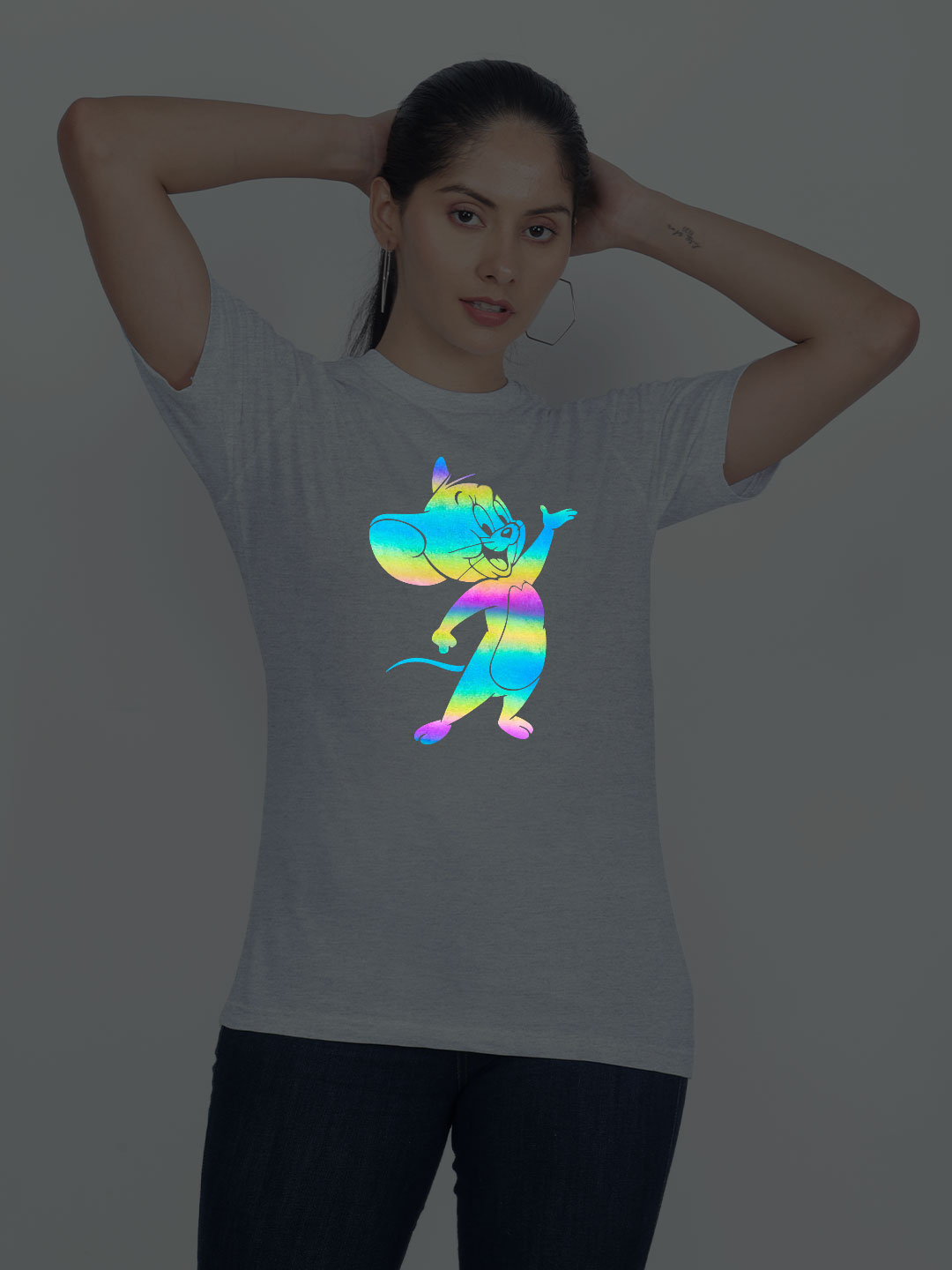 Grey Cotton Cute Jerry Rainbow Women T-shirt