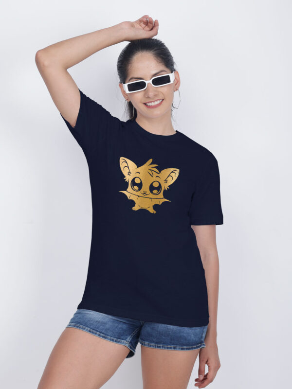 Nblue Cotton Halloween Cute Bat Gold Printed Printed Women T-shirt