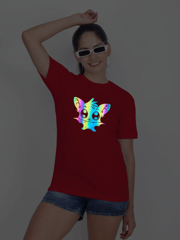 Red Cotton Halloween Cute Bat Rainbow Women T-shirt