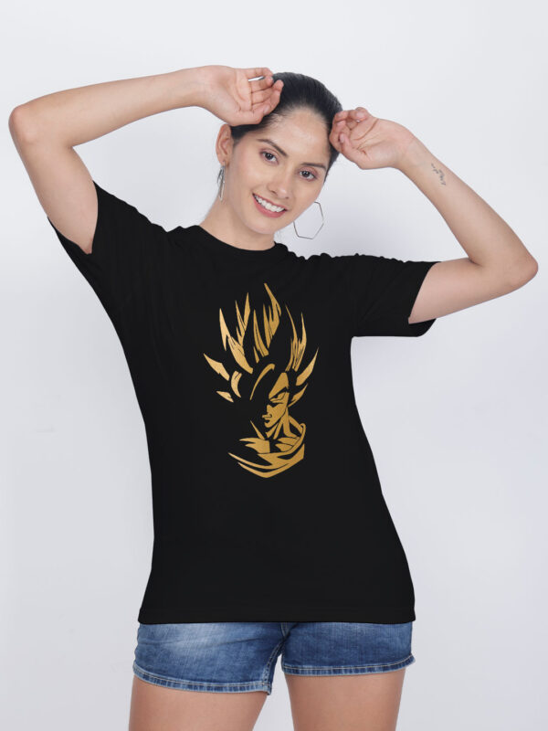 Black Cotton Goku Gold Printed Printed Women T-shirt