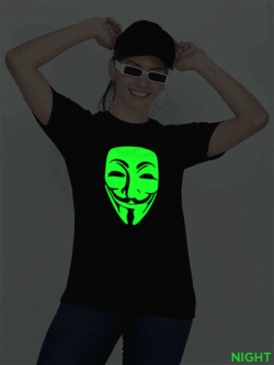 Black Cotton Hacker Face Glow in Dark Women T-shirt