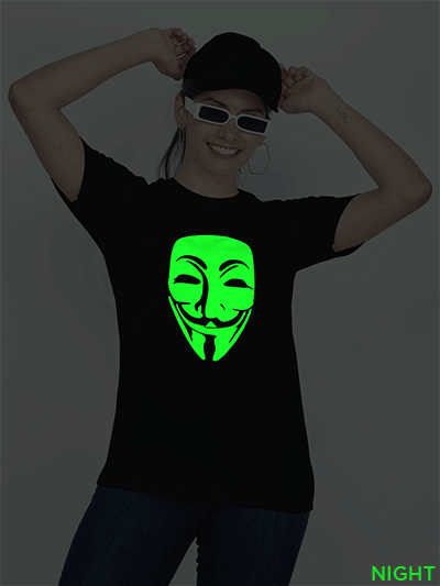 Black Cotton Hacker Face Glow in Dark Women T-shirt