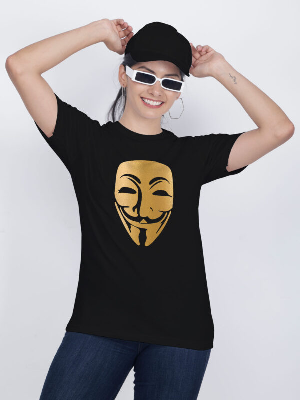 Black Cotton Hacker Face Gold Printed Printed Women T-shirt