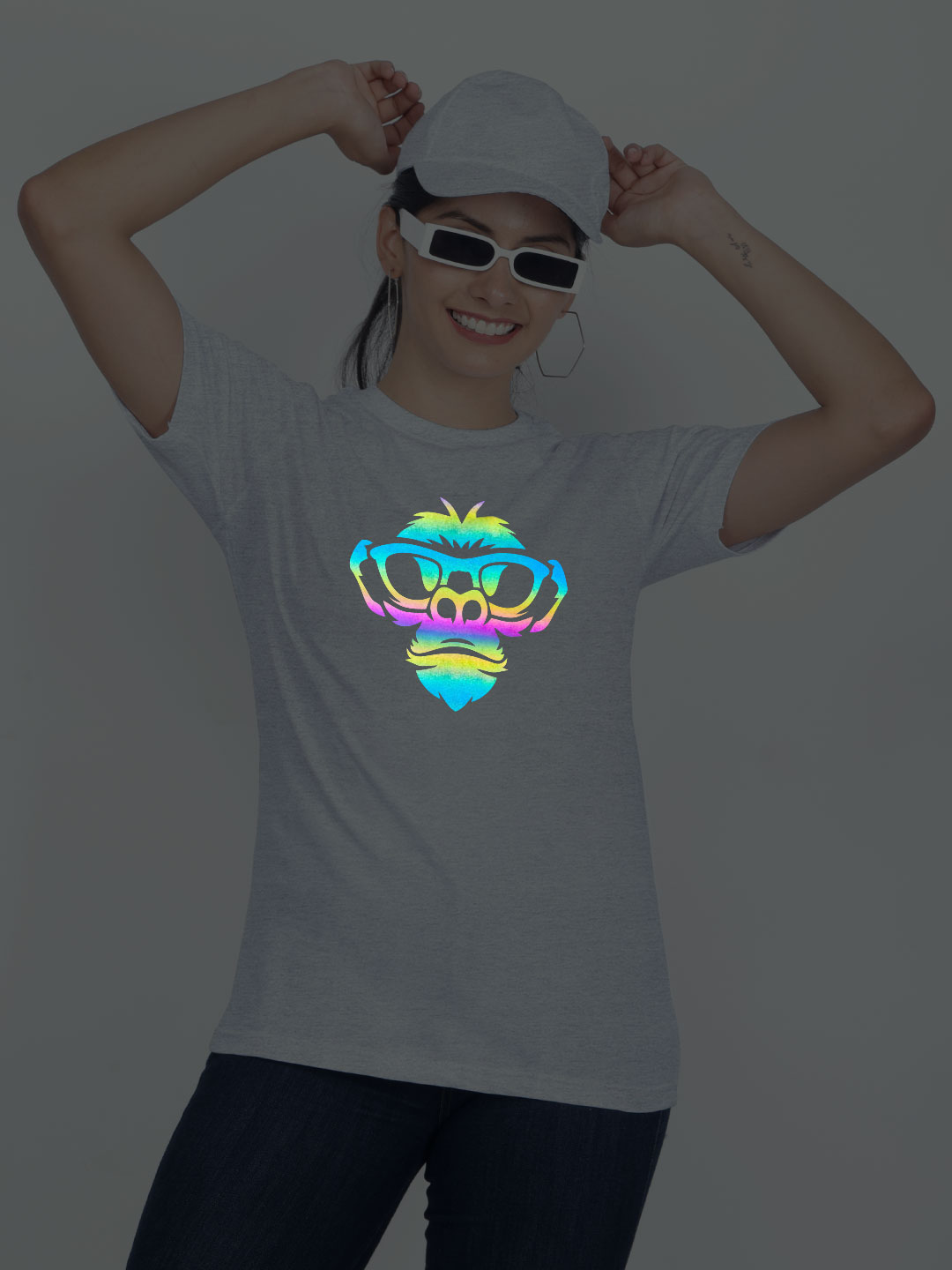 Grey Cotton Monkey Face Rainbow Women T-shirt