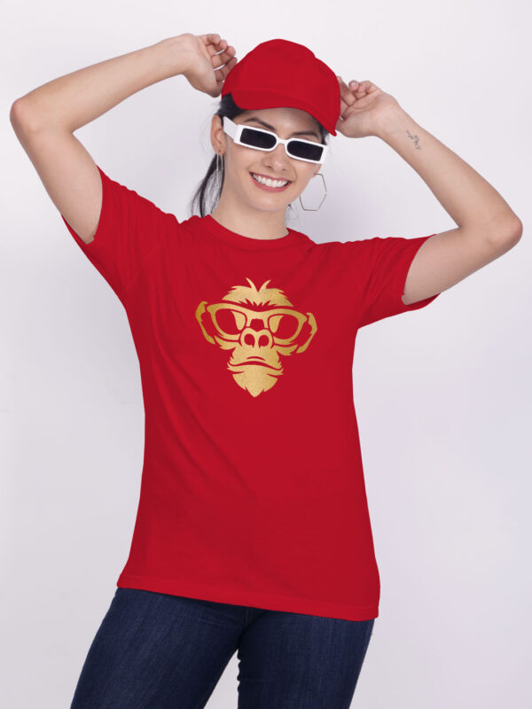 Red Cotton Monkey Face Gold Printed Printed Women T-shirt