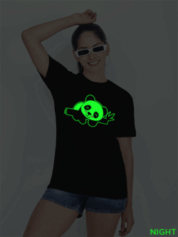 Black Cotton Cute Lazy Panda Glow in Dark Women T-shirt