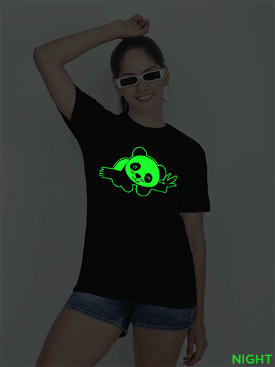 Black Cotton Cute Lazy Panda Glow in Dark Women T-shirt