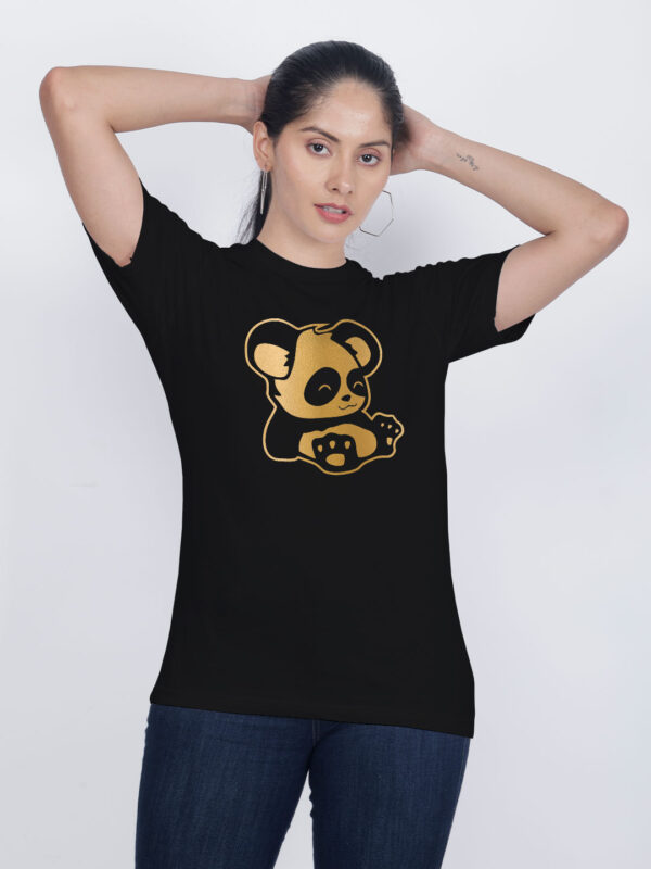 Black Cotton Lazy Panda Gold Printed Printed Women T-shirt