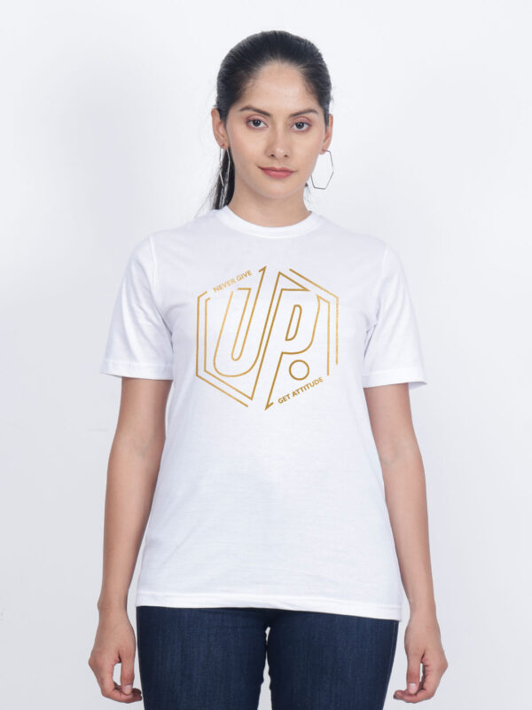 White Cotton Never Give Up Gold Printed Printed Women T-shirt