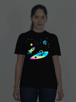 Black Cotton Astronaut Rest in Sky Rainbow Women T-shirt
