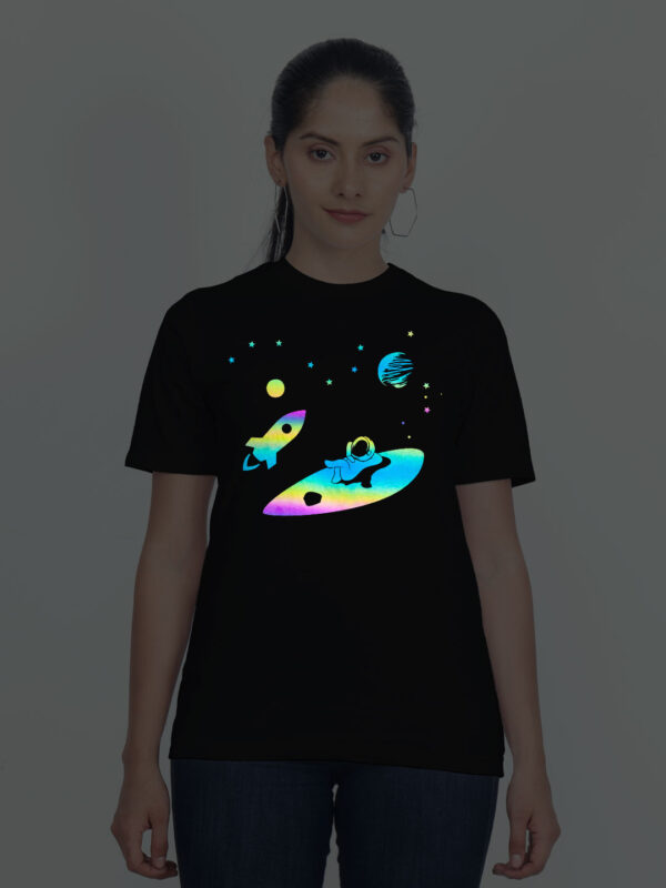 Black Cotton Astronaut Rest in Sky Rainbow Women T-shirt
