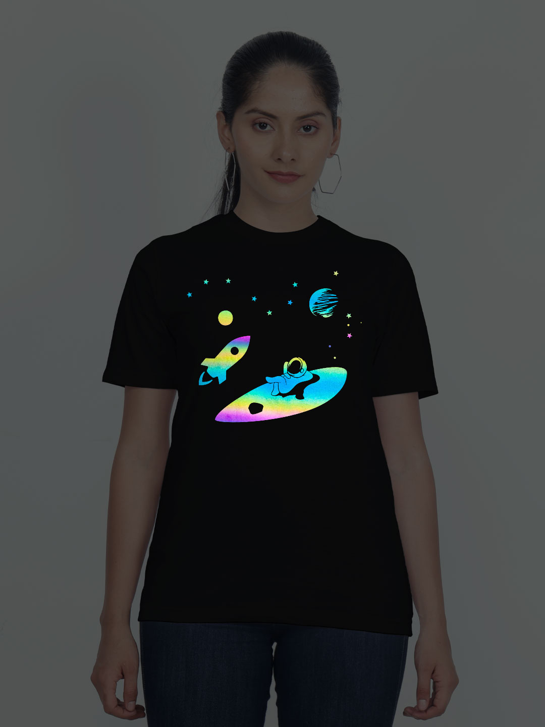Black Cotton Astronaut Rest in Sky Rainbow Women T-shirt