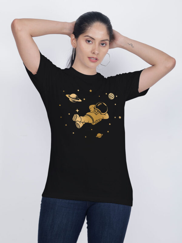 Black Cotton Astronaut with Stars Gold Printed Printed Women T-shirt