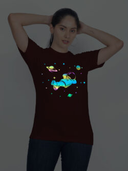 Maroon Cotton Astronaut with Stars Rainbow Women T-shirt