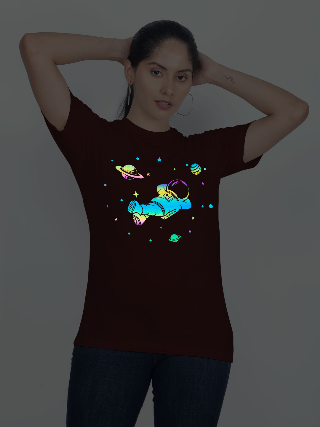 Maroon Cotton Astronaut with Stars Rainbow Women T-shirt
