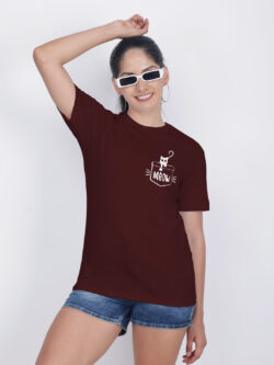 Maroon Cotton Pocket Meow Cat Women T-shirt