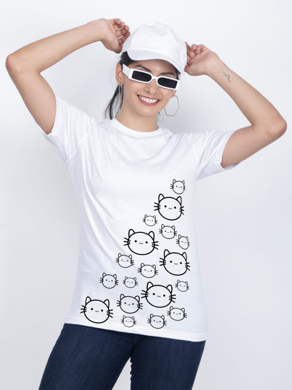 White Cotton Cute Catty Face Women T-shirt