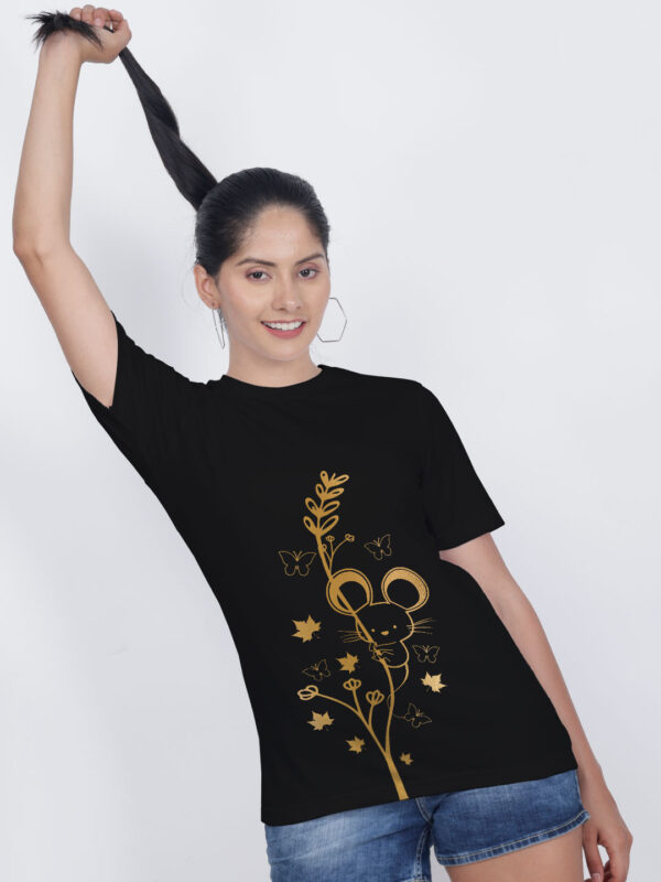 Black Cotton Cute Rat Butterfly Gold Printed Printed Women T-shirt